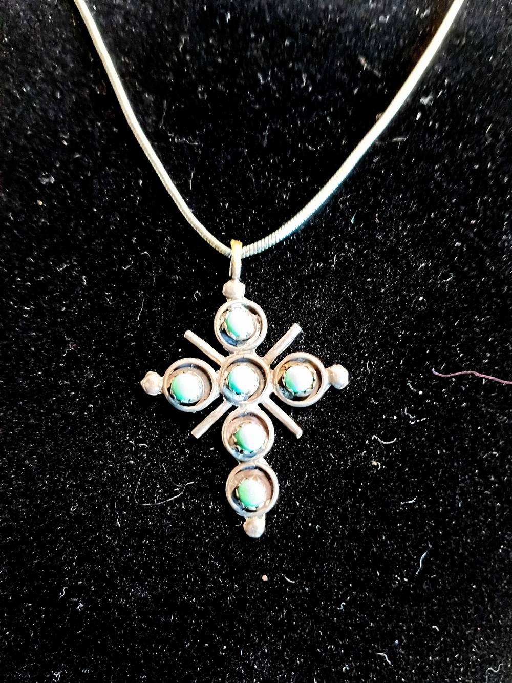 Sterling ZuniS Cross Pendant Necklace with Turquoise-Green Accents